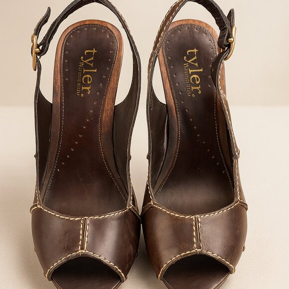 Richard Tyler Leather Slingback Wood Heel Sandals — Brown, Studded, Peep-Toe - Picture 2 of 2
